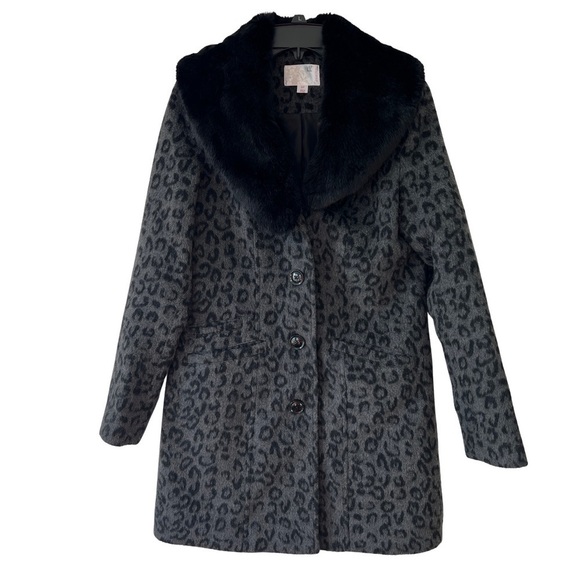 Cheetah Print Faux Fur Trim Wool Blend Long Coat - Picture 1 of 13